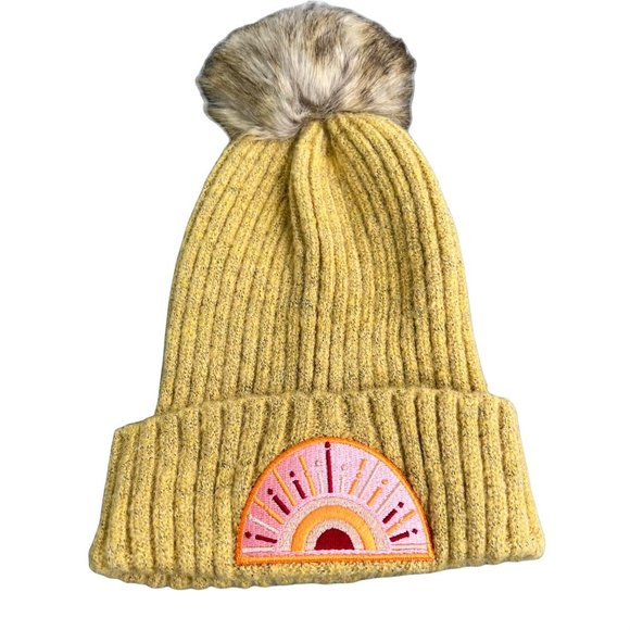 Virginia Wolf Sunray Beanie Hat Faux Fur Snap on Pom Gold Mustard Knit Beachly - Picture 1 of 5